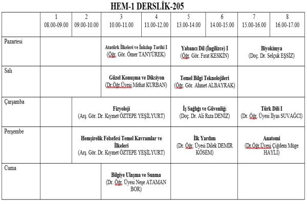 2023-2024 HEMŞİRELİK BÖLÜMÜ 1. SINIF HAFTALIK DERS PROGRAMLARI
