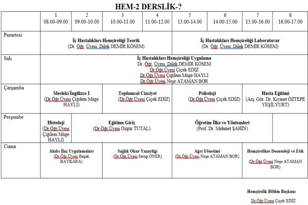 2023-2024 HEMŞİRELİK BÖLÜMÜ 2. SINIF HAFTALIK DERS PROGRAMLARI